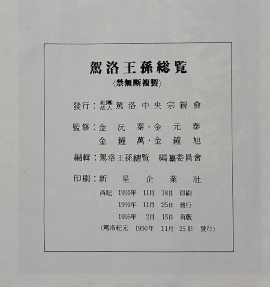 가락왕손총람 상.하 전2권 완질 /1995년 재판 / 책 테두리부분 물먹고 말란 얼룩 있습니다.