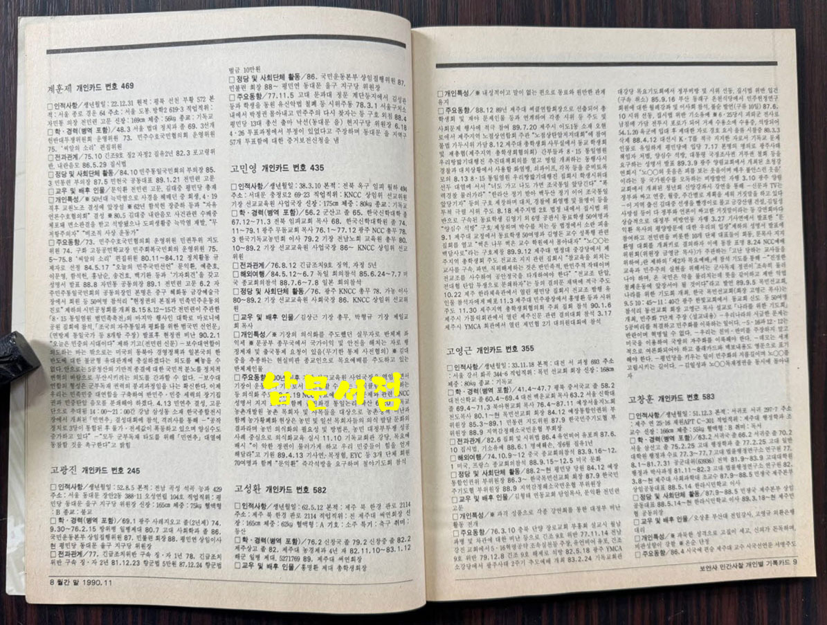 보안사 민간사찰 기록카드 / 1990년 11월 월간말 부록 / 132페이지 / 큰책