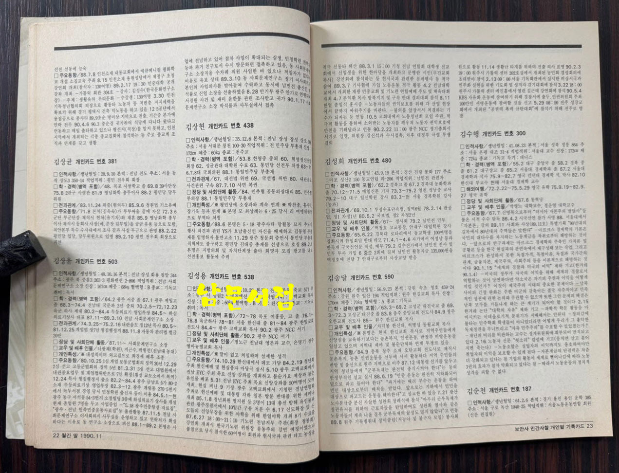 보안사 민간사찰 기록카드 / 1990년 11월 월간말 부록 / 132페이지 / 큰책